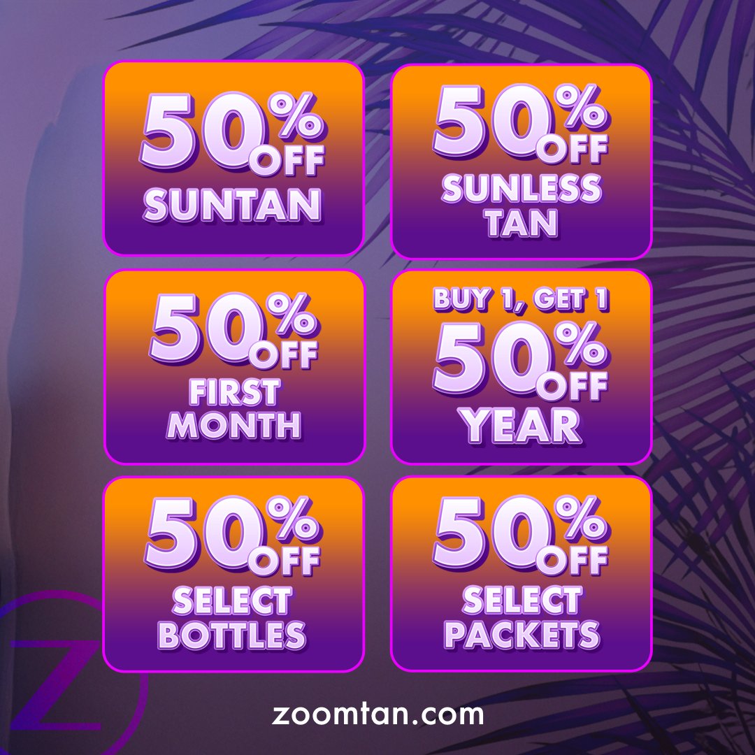 ZoomTan's tweet image. ✨ Out with the pale, in with the perfect tan. ✨

Kick-off the year effortlessly confident with our Fresh Start deals:
1️⃣ 50% OFF Suntans
2️⃣ 50% OFF Sunless Tans
3️⃣ 50% OFF First Month of a Monthly Membership
4️⃣ Buy 1 Year, Get the next 50% OFF
5️⃣ 50% OFF Select Lotion Bottles…