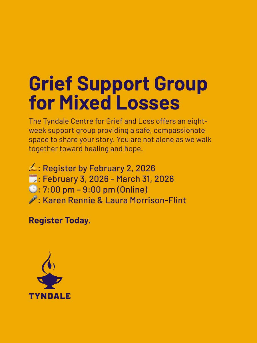 Grieving a loss? You don’t have to walk alone. 💙

Join the Tyndale Centre for Grief and Loss for an 8-week Grief Support Group, Tuesdays Feb 3–Mar 31, 7–9 pm (online).

Register by Feb 2: zeffy.com/en-CA/ticketin…

#tyndaleu #toronto #torontouniversity