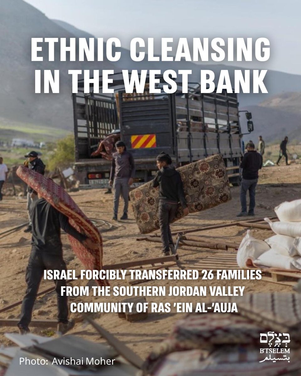 btselem's tweet image. Today (Thursday), 8 January, after persistent attempts, organized settler groups operating in coordination with, and backed by, the Israeli military and the police, succeeded in forcibly transferring 26 families numbering 124 people, including 59 minors from their homes in the…