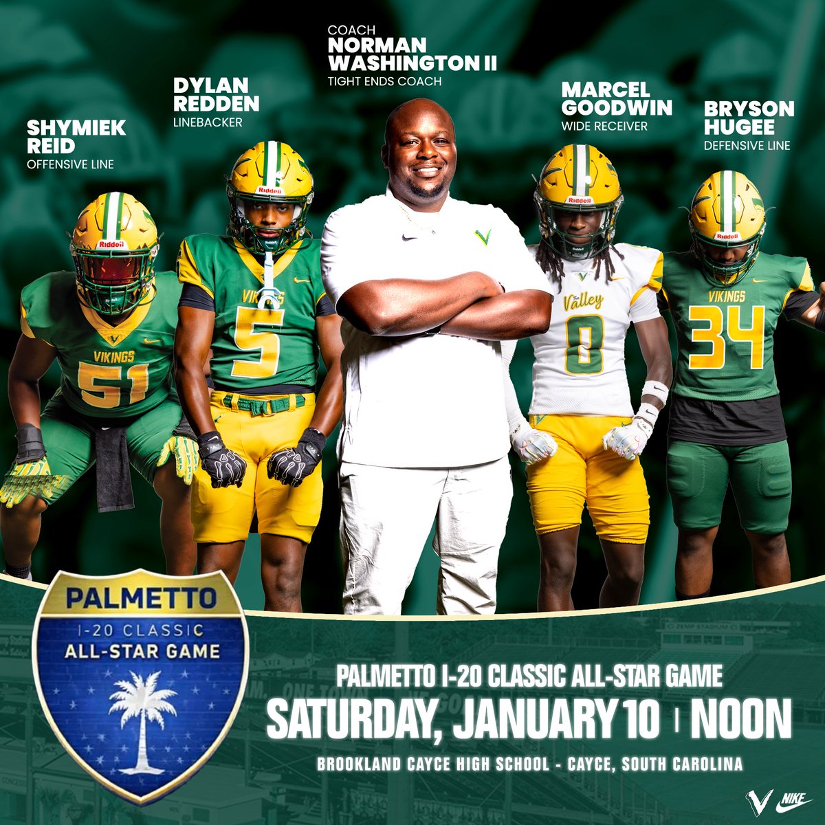 SVVikings_FB's tweet photo. Congratulations to our Vikings and @CoachNorman_SV who have been chosen to represent in the prestigious Palmetto 1-20 Classic All-Star Game!

  🗓 Saturday, January 10
  ⏰ Noon Kickoff
  📍 Brookland-Cayce HS

#Palmetto120 #AllStarGame  #ATC #ForgingForward #ATM https://t.co/71JbOJZOtA