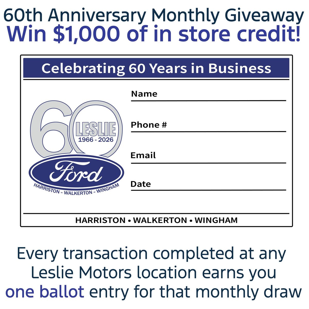 In celebration of our 60th anniversary, we’re giving back all year long!
Each month, one lucky customer will win $1,000 in store credit.
Simply complete any transaction at #LeslieMotors to earn a ballot entry for that month’s draw.
Thank you for being part of our story 💙
 #Ford