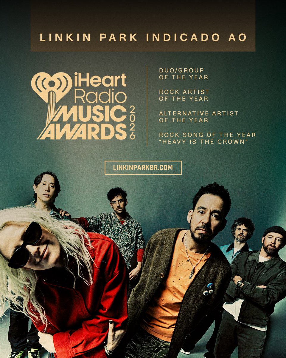 LinkinParkbr's tweet image. O Linkin Park recebeu quatro nomeações para o iHeartRadio Music Awards 2026, com as categorias: “Duo/Banda do Ano”, “Artista Alternativo do Ano”, “Artista de Rock do Ano” e “Música de Rock do Ano (Heavy Is The Crown)”.

As votações vão de 8 de janeiro à 19 de março, e o evento…