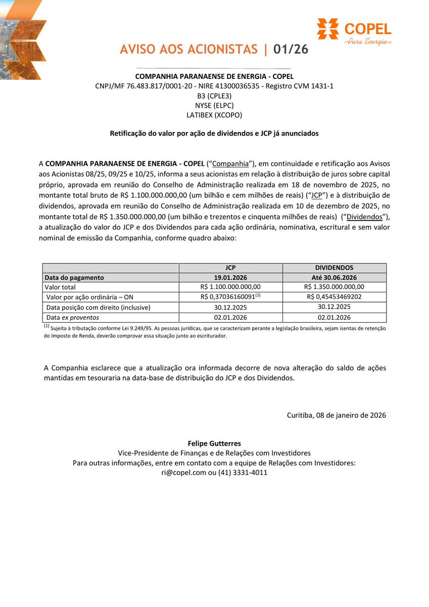AvisosDaBolsa's tweet photo. CIA PARANAENSE DE ENERGIA - COPEL - Retificação do valor por ação de dividendos e JCP já anunciados #CPLE3 #CPLE5 #CPLE6 #CPLE11 #DIVIDENDO #JCP https://t.co/oF6kPXKseC