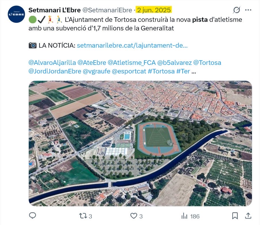 Algú avui en necessitat d protagonisme, anuncia un altre cop una subvenció x la nova pista d’atletisme #Tortosa Projecte fet pel nostre govern després d'adquirir els terrenys i q encara avui no te un cronograma clar. L'únic q ha sabut fer es retallar-lo i no fer els vestidors…