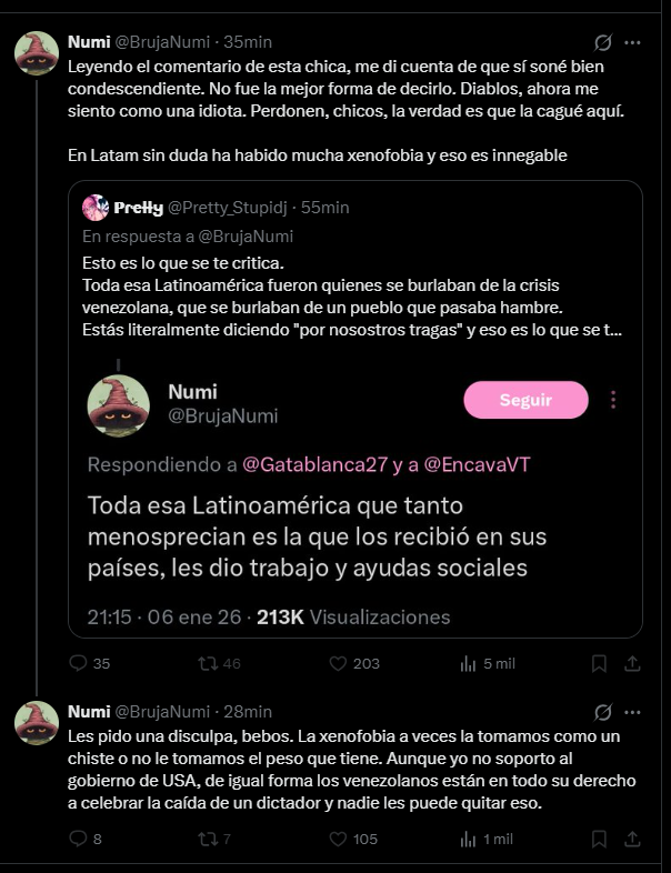 Numinosa cede a la presión, recoge cable y se disculpa por referirse de manera despectiva a los Venezolanos.

Bien, pero eso no le quita lo zurda.