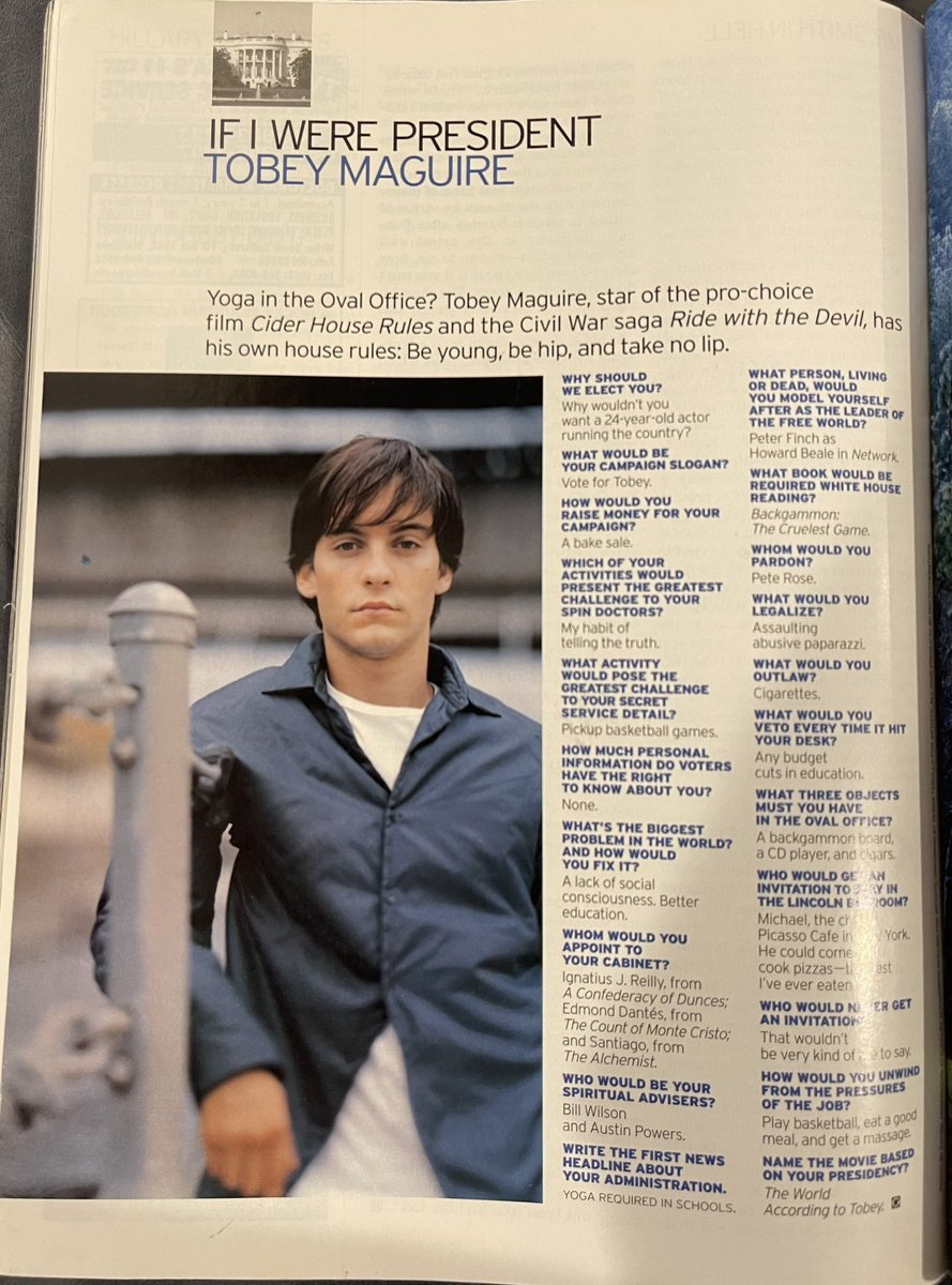 TheCinesthetic's tweet image. Tobey Maguire was once asked what he would legalize if he became president: 

“Assaulting abusive paparazzi”