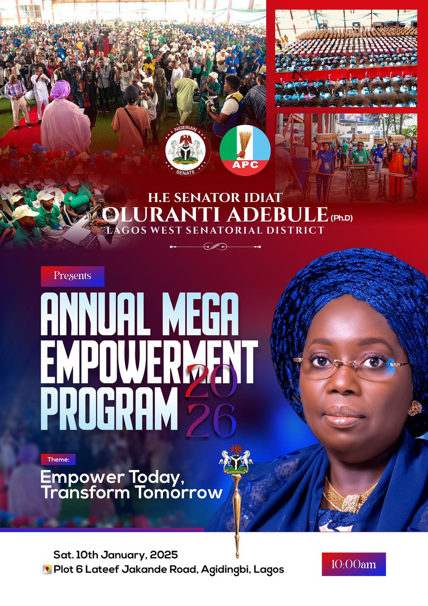 DrAdebuleIdiat's tweet photo. All is set for the 2026 edition of our annual mega empowerment program. 

This year’s edition, themed “Empower Today, Transform Tomorrow,” is designed to equip beneficiaries all of whom were selected across the 28 LGAs/LCDAs in Lagos West with practical skills, resources, and opportunities that will drive sustainable growth and long-term impact across our district.

Date: Sat. 10th Jan. 2026
📍 Plot 6 Lateef Jakande Road, Agidingbi, Lagos.