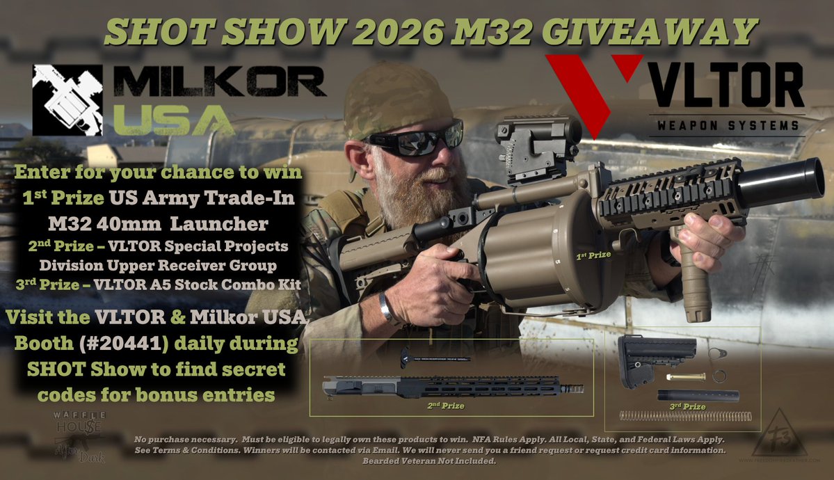 FreedomFriedF's tweet image. Milkor USA &amp;amp; @VltorWS are giving away a US Army Trade-In Milkor USA M32 Grenade Launcher, a VLTOR SPD Upper, and a VLTOR A5 Stock Combo Kit.  

Enter here --&amp;gt; gleam.io/yK48a/shot-sho…

Visit the VLTOR and Milkor USA Booth #20441 at @nssfshotshow in Las Vegas for daily secret…