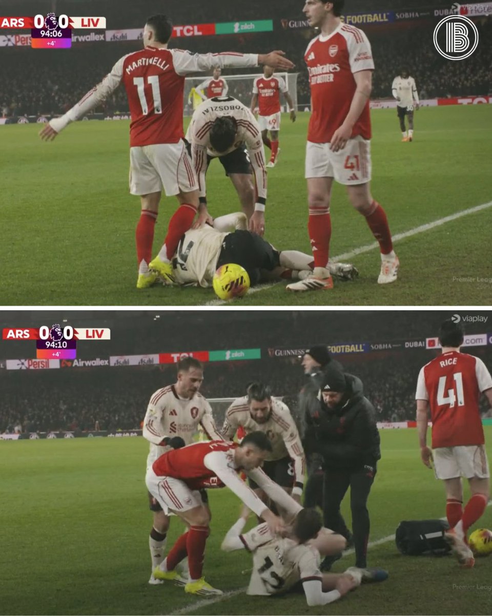 ballsdotie's tweet image. Absolutely disgraceful stuff from Gabriel Martinelli, first throwing the ball at and then shoving a clearly injured Conor Bradley 😡

Gary Neville labelled the Arsenal man as 'an idiot' in commentary and it's hard to disagree.