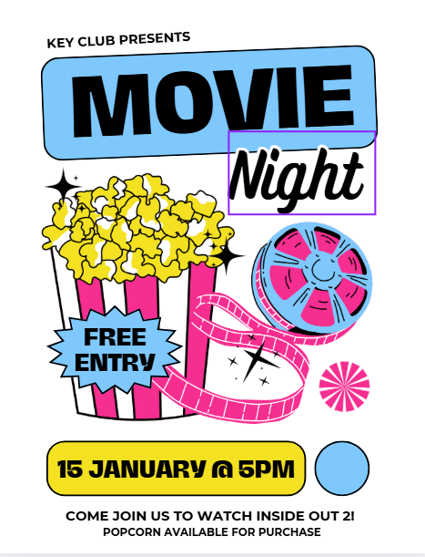 Key Club is bringing the fun! 💛
Come enjoy a FREE movie night featuring Inside Out 2.
🗓️ January 15 at 6 PM
Popcorn available for purchase 🍿