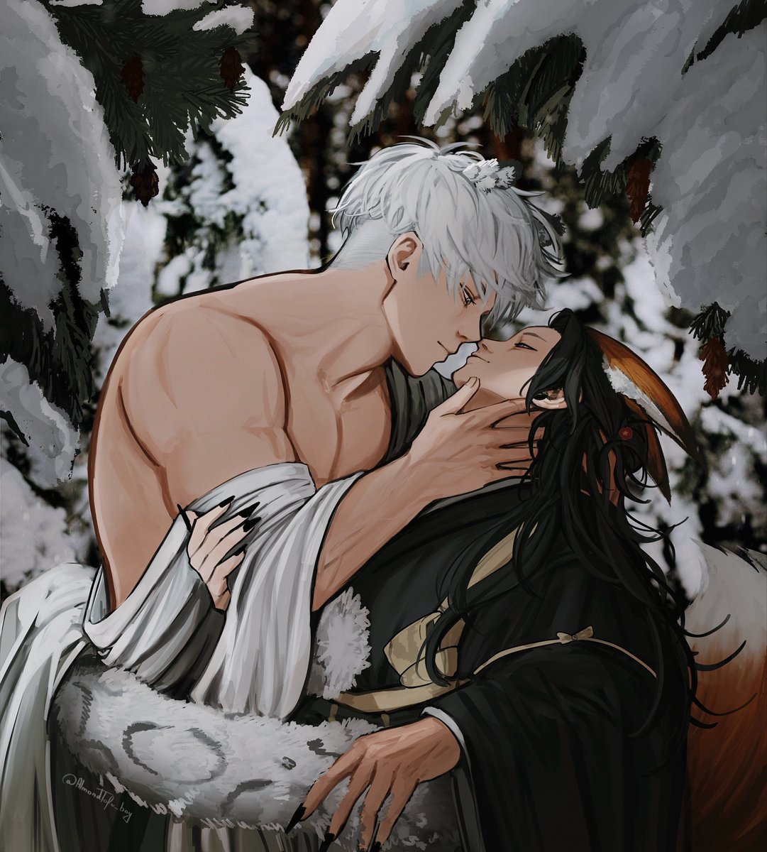 AlmondTofu_boy's tweet image. Snow leopard gojo &amp;amp; fox geto #satosugu