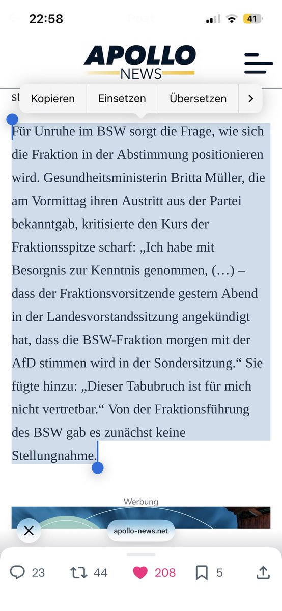 Norman1979Wolf's tweet photo. Dieses Statement der aus der BSW Fraktion ausgetretenen Gesundheitsministerin bestätigt mich einmal mehr. Wer so eine Position vertritt, kann nie BSW gewesen sein. Ich weine ihr keine Träne nach. (Gemeint ist die Abstimmung über einen AfD Antrag auf Neuwahlen.) #Brandenburg https://t.co/J4OG2shIwI