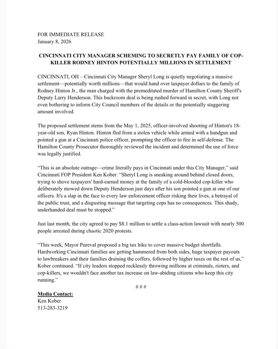 realTriciaMacke's tweet photo. A settlement is being secretly made with the family of Ryan Hinton in Cincinnati according to the FOP 
President.  This is breaking rn @FOX19 https://t.co/0tKBlOhlpZ