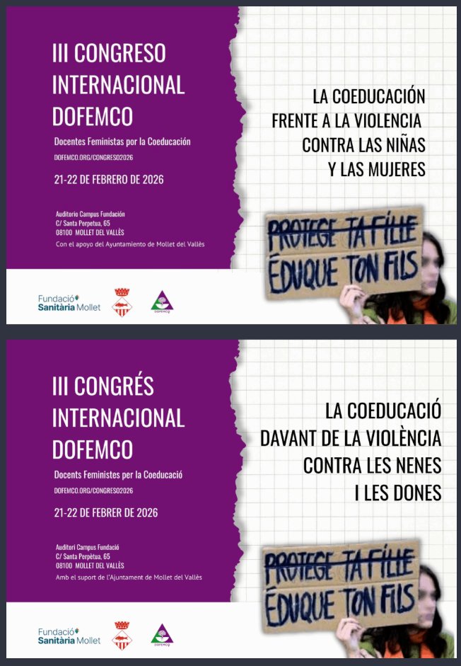🔜‼️📢Se acerca la fecha de nuestro III Congreso Internacional de <a href="/DoFemCo/">Docentes Feministas por la Coeducación</a> bajo el lema "La Coeducación frente a la Violencia contra las Niñas y las Mujeres", así que os recordamos:
📅Tendrá lugar los días 21 y 22 de febrero de 2026
📍 En el edificio del Campus de la Fundación