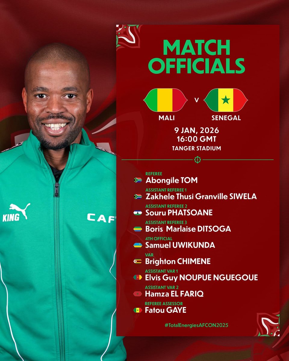 IdolesTv's tweet photo. La CAF change l’arbitre de Sénégal 🇸🇳 vs Mali 🇲🇱, le Sud-Africain Abongile Tom finalement au sifflet  #CAN2025 https://t.co/c8f5CwA9mC