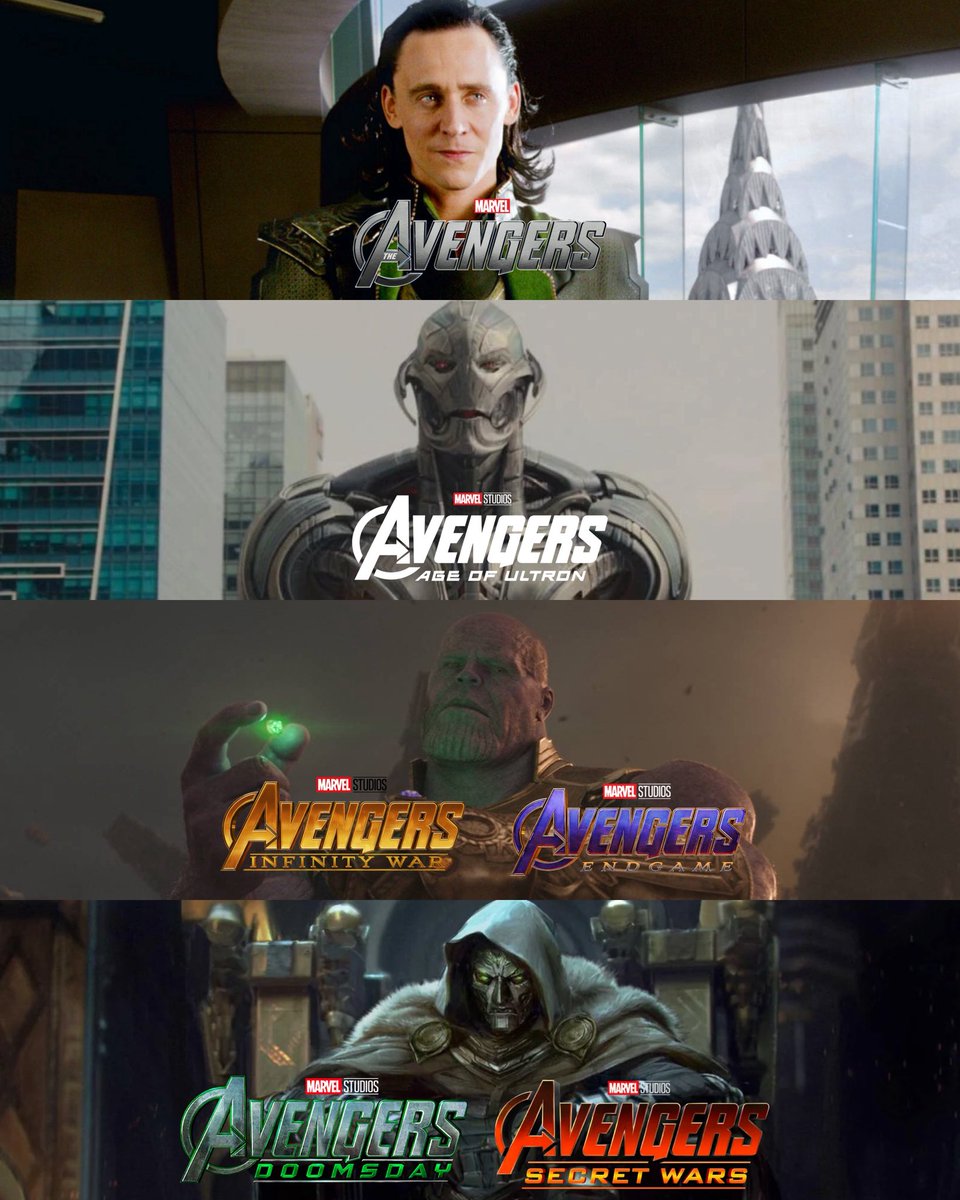 marvelousgeek__'s tweet image. The villains of the ‘AVENGERS’ franchise: 

• Tom Hiddleston as Loki
• James Spader as Ultron 
• Josh Brolin as Thanos 
• Robert Downey Jr. as Doctor Doom