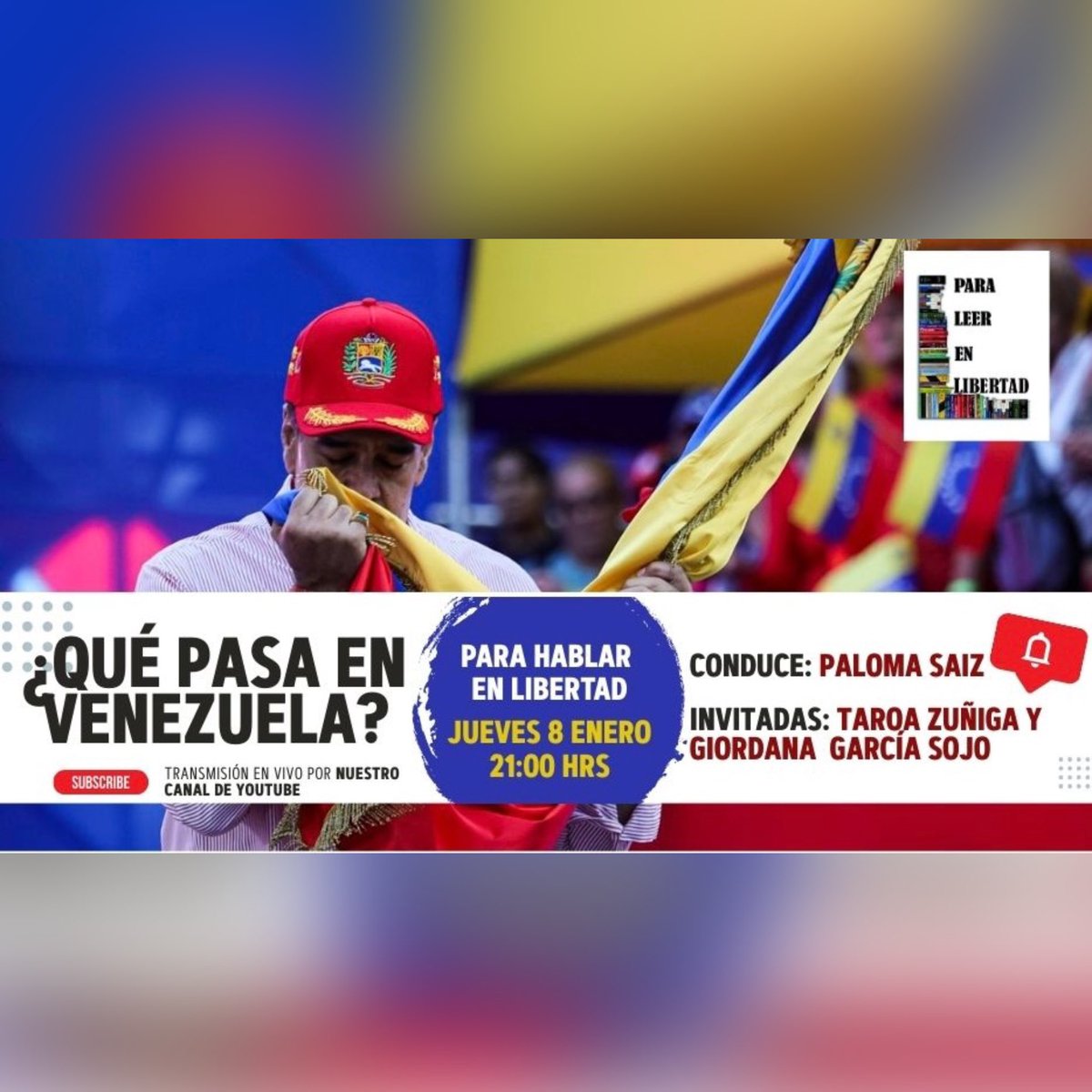 Nos vemos hoy en punto de las 9pm para un programa especial. Hablaremos de lo que está pasando en Venezuela 🇻🇪 en “Para Hablar en Libertad”.

Conduce <a href="/palomasaizt1/">paloma saiz t</a> con <a href="/TaroaZuniga/">Taroa Zúñiga Silva</a> y Giordana García Sojo.

En vivo por todas nuestras redes sociales 📣