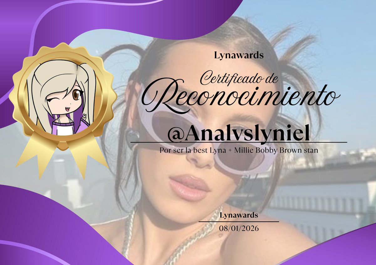 lynawards's tweet photo. GANADORA BEST LYNA + MILLIE BOBBY BROWN STAN ෆ 
🏅 @Analvslyniel 

FELICIDADES ANA! ^^ https://t.co/kKKsPxgjwA