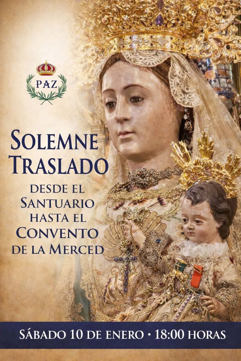 🔵Traslado de  Ntra. Sra. de la Paz al Convento de la Merced <a href="/HdadPazRonda/">Hdad Paz - Patrona de Ronda</a> 

📅Sábado 10 de Enero
🕒18:00h

#Ronda #TDSCofrade #VirgendelaPaz #PatronadeRonda #GloriasRonda26