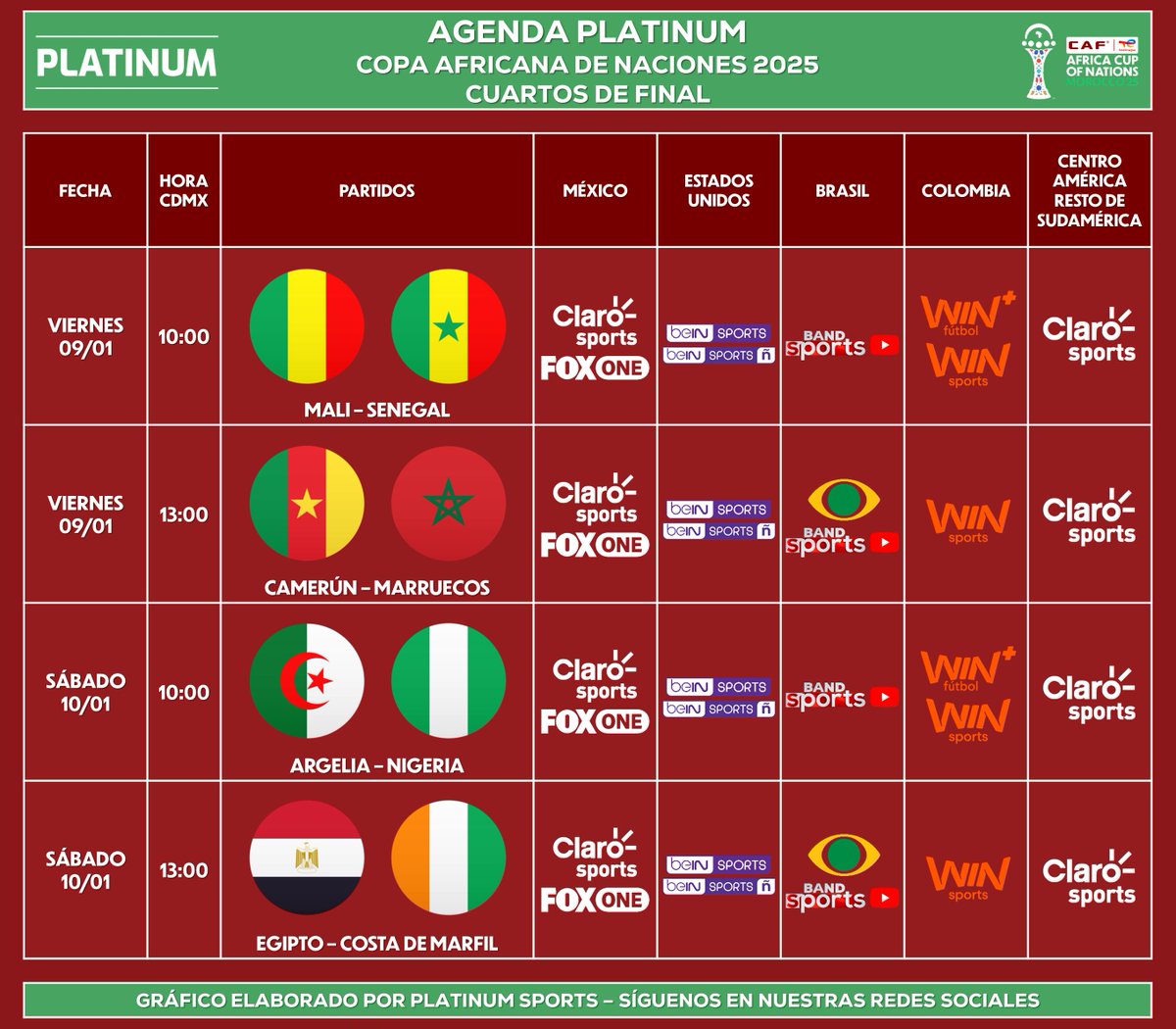 PlatinumSportMX's tweet image. ¡AGENDA DE COPA AFRICANA!

⚽️ #AgendaPLATINUM 
🏆 Copa Africana de Naciones 2025 - Cuartos de Final

➡️ Información para Latinoamérica y Estados Unidos.
⚠️ Sujeto a cambios.

#TotalEnergiesAFCON2025