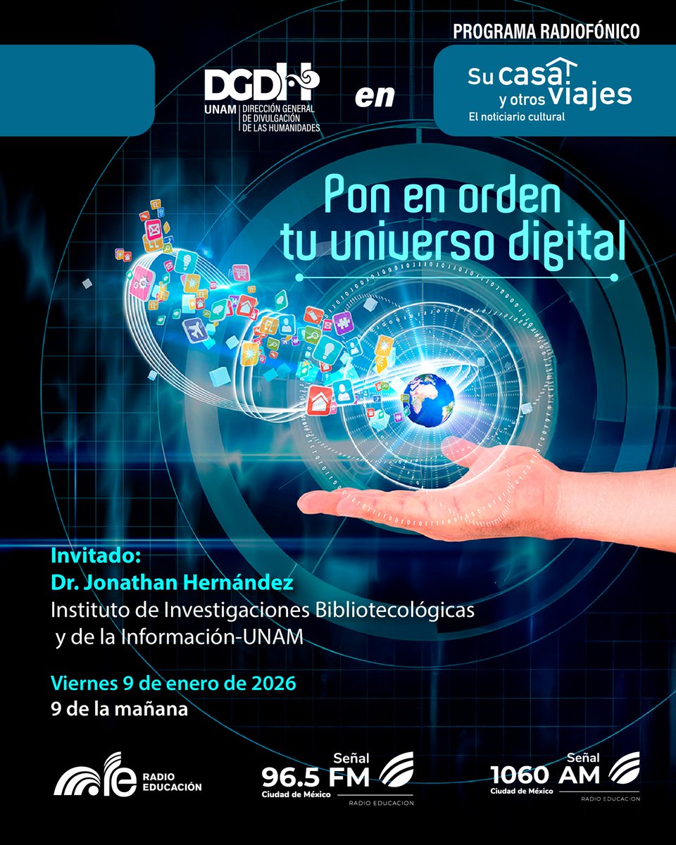 🤔📱¿Te cuesta organizar tus aplicaciones, datos y archivos digitales?

Este 2026 aprende a poner orden en tu universo digital con el Dr. Jonathan Hernández, investigador del IIIBI en <a href="/notisucasaRE/">SuCasaYOtrosViajes</a>

🗓️ MAÑANA viernes 9 de enero.
⏰ 9 AM por <a href="/RadioEducacion/">Radio Educación</a>