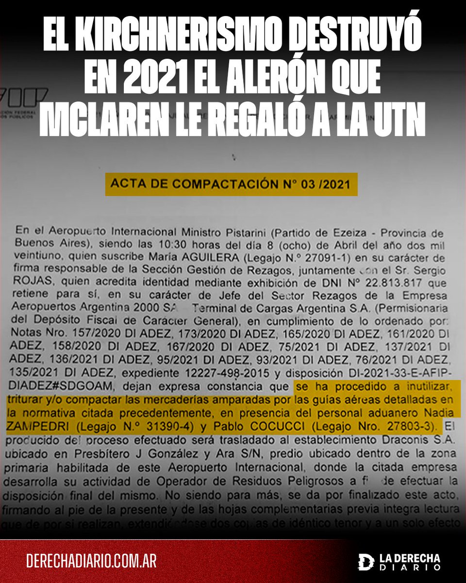 laderechadiario's tweet image. 🚨🇦🇷 | HIJOS DE PUTA: Se reveló que la Aduana retuvo en 2020 el alerón de Senna que McLaren le regaló a la Universidad Tecnológica Nacional (UTN) y que en abril del 2021 la gestión kirchnerista procedió a su destrucción por considerarlo un "residuo peligroso".