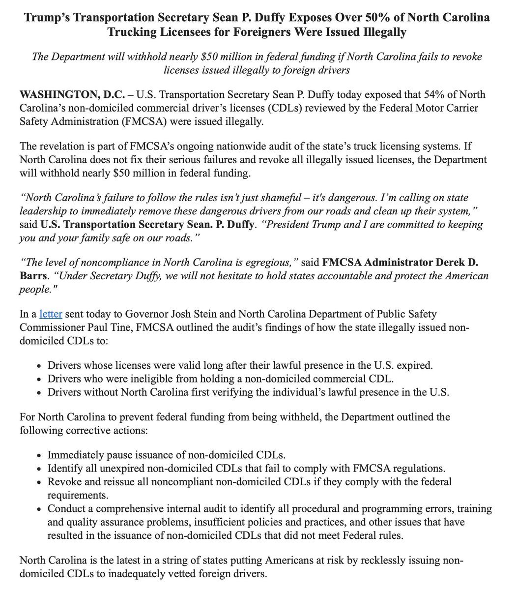 The results of <a href="/USDOT/">U.S. Department of Transportation</a> and <a href="/FMCSA/">FMCSA</a>’s audit on North Carolina’s non-domiciled CDL program are the worst in the nation. Democrat leadership allowed a culture of negligence and lax oversight to take root, directly endangering our NC families and businesses.
 
It’s time to restore