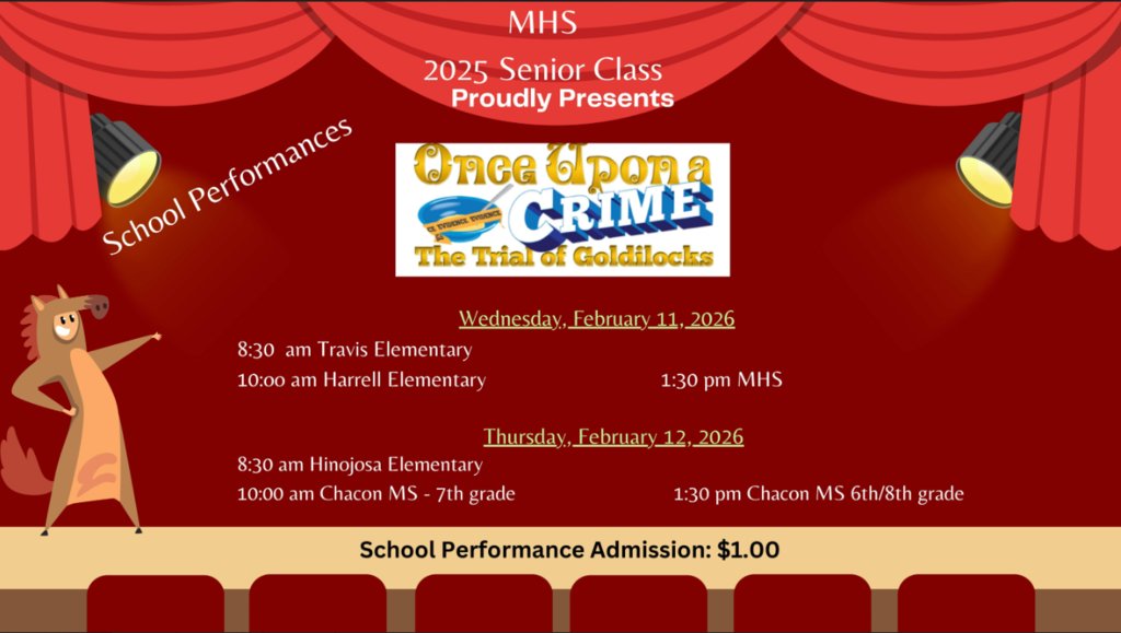 ChaconSgt's tweet photo. CMS will be attending the MHS 2025 Senior Class Play, "Once Upon a Crime - The Trial of Goldilocks" on Thursday, February 12, 2026, school performance admission is $1.00 https://t.co/ivHehFlyRg