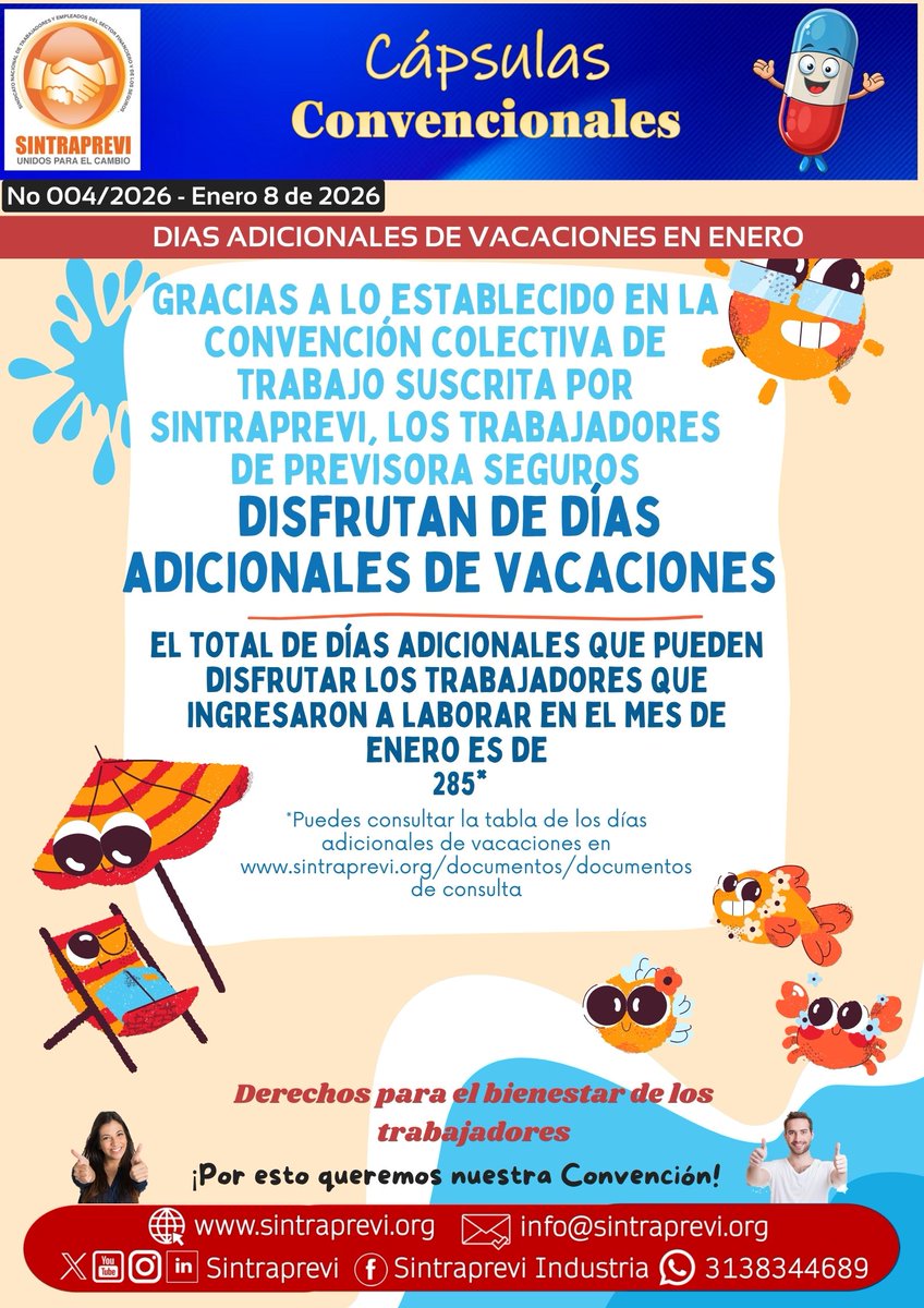 #CápsulasConvencionales | 🏖️ Otro gran beneficio que tienen los trabajadores convencionados de Previsora Seguros son los Días Adicionales de Vacaciones. 📆 Estos, van desde 6 hasta 17 días  dependiendo de la fecha de   ingreso del trabajador
