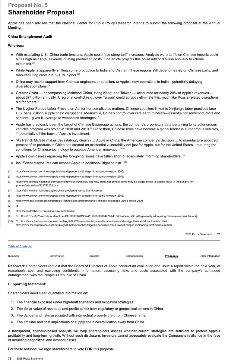 MrCorpGov's tweet photo. Apple $AAPL proxy published this evening. Quick observations:
 
- Tim Cook coming in at $74 million (with base salary making up just 4% of that), virtually identical to the '24 calc

- Security expenses for Cook: ~$888k (13% increase from yr prior)

- Cook's personal air travel: ~$790k (20% increase from yr prior)
 
- Board directors made on avg $453k
 
- Just ONE shareholder proposal this year, the lowest number in ~ two decades

#CorpGov #ExecPay #CEOpay