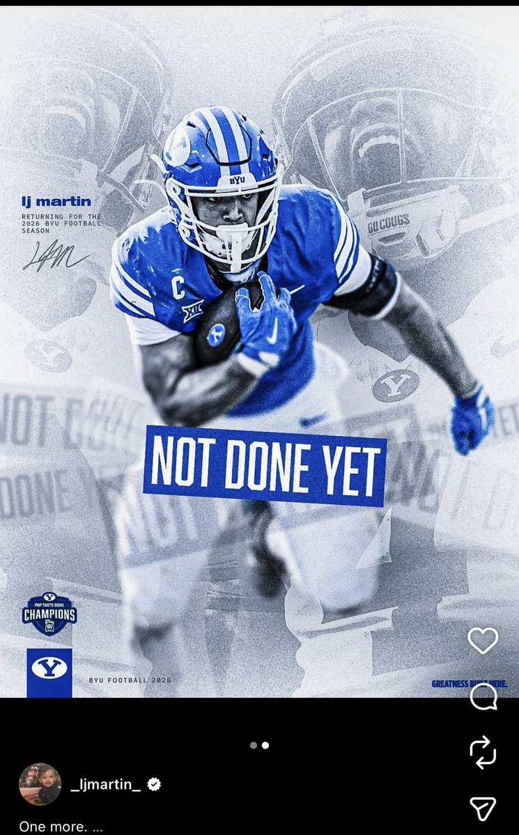 Mitch_Harper's tweet image. BYU RB LJ Martin announces on IG he is returning for one more year.
