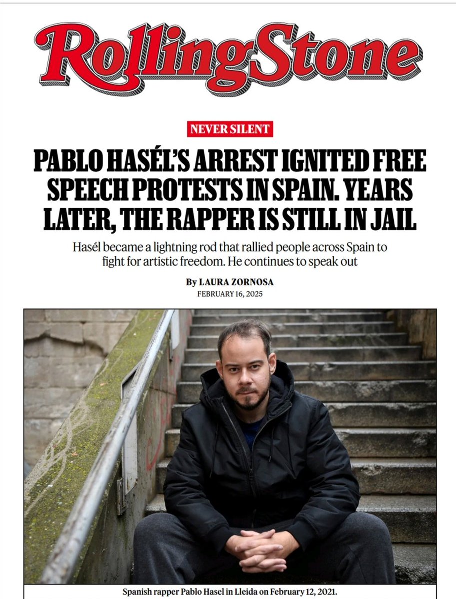 FonsiLoaiza's tweet image. El rapero y preso político Pablo Hasel cumple en febrero 5 años en prisión. No le aplican la ley de amnistía y estará en prisión hasta 2027. Fue la portada de la revista internacional Rolling Stone. Mientras, los grandes medios de comunicación siguen callando en España.