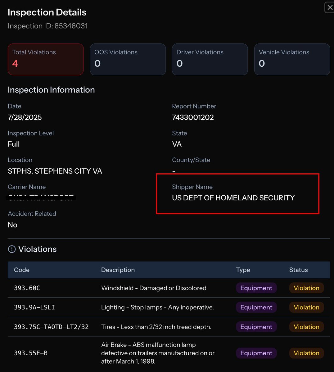 maybedanielleee's tweet image. Oh. Imagine if I told you this trucking company, with no legal name on its USDOT record, was hauling freight for the United States Department of Homeland Security...