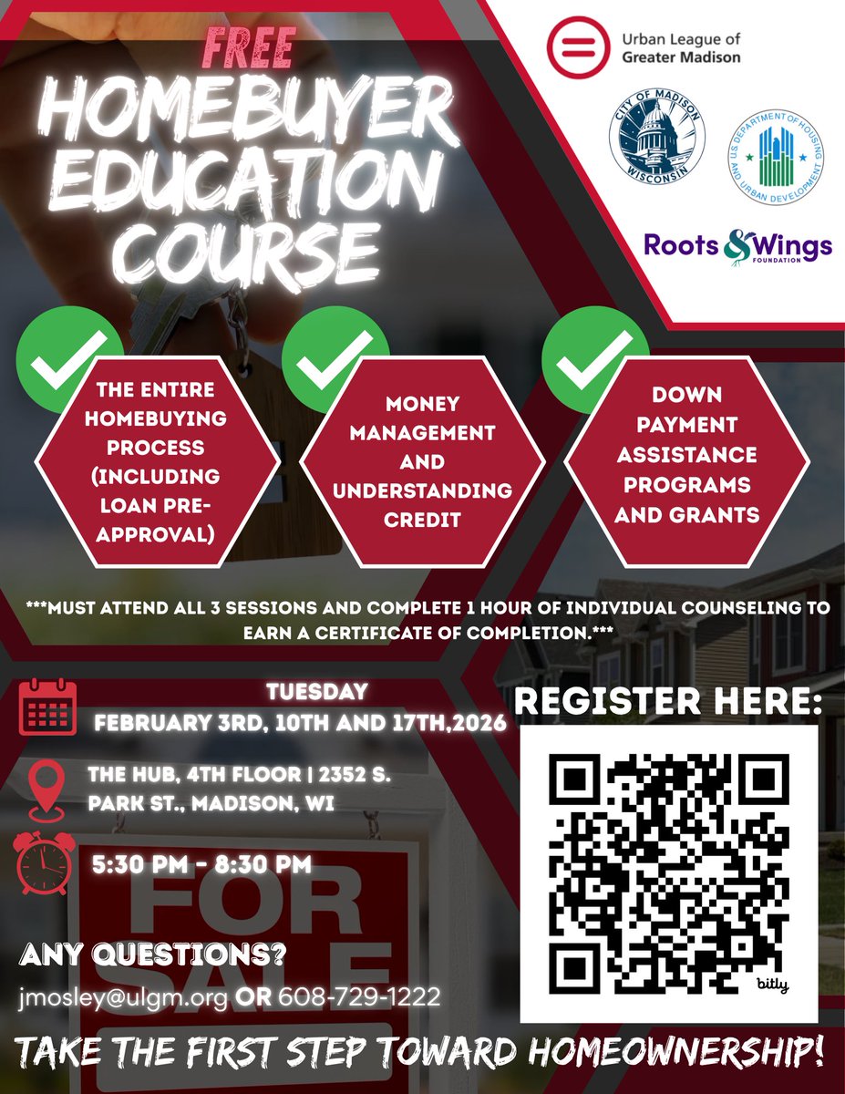 Dream big. Buy smart. Start here.
Three sessions. One goal: your first home.

📅 Feb 3, 10 &amp; 17 | 2352 S Park St
🎟️ RSVP: shorturl.at/03B3f

Seats are filling fast—don’t wait.

#HomeownershipGoals #FinancialEmpowerment #YourHomeYourStory #MadisonWI