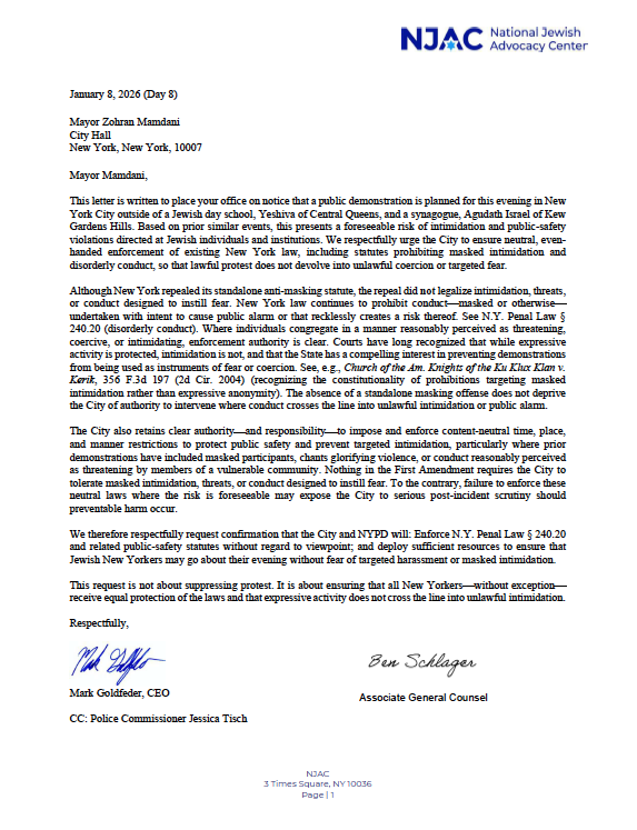 MarkGoldfeder's tweet image. Protestors are planning to menace the Jewish community tonight. Reminder to @NYCMayor: Penal Law §240.20 squarely prohibits disorderly conduct that causes or recklessly risks public alarm—including masked intimidation. These laws must be enforced equally.