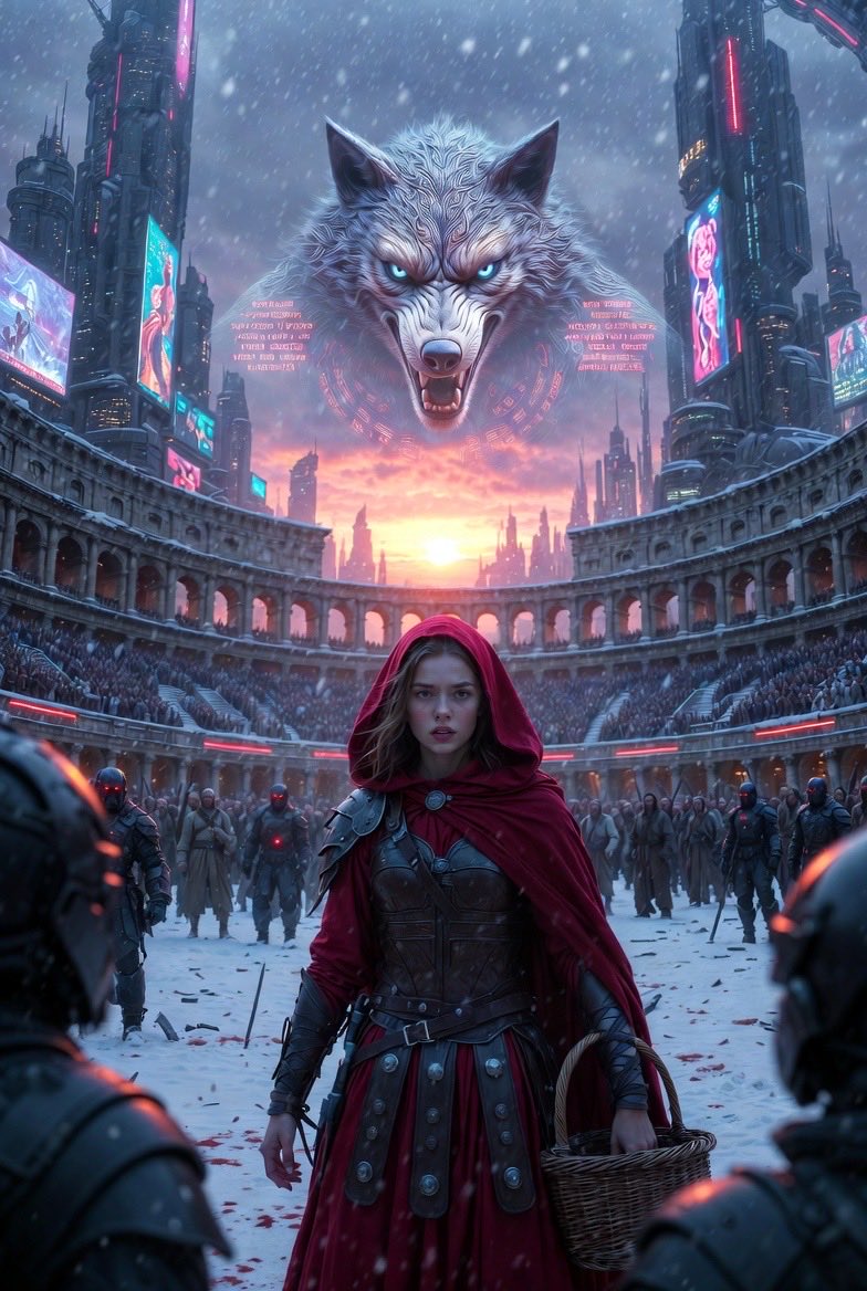 time_machine10's tweet image. Through a temporal rift, a young warrior Little Red emerges in a dystopian arena, staring down a gigantic wolf projection amid cheering crowds and neon-lit ruins.