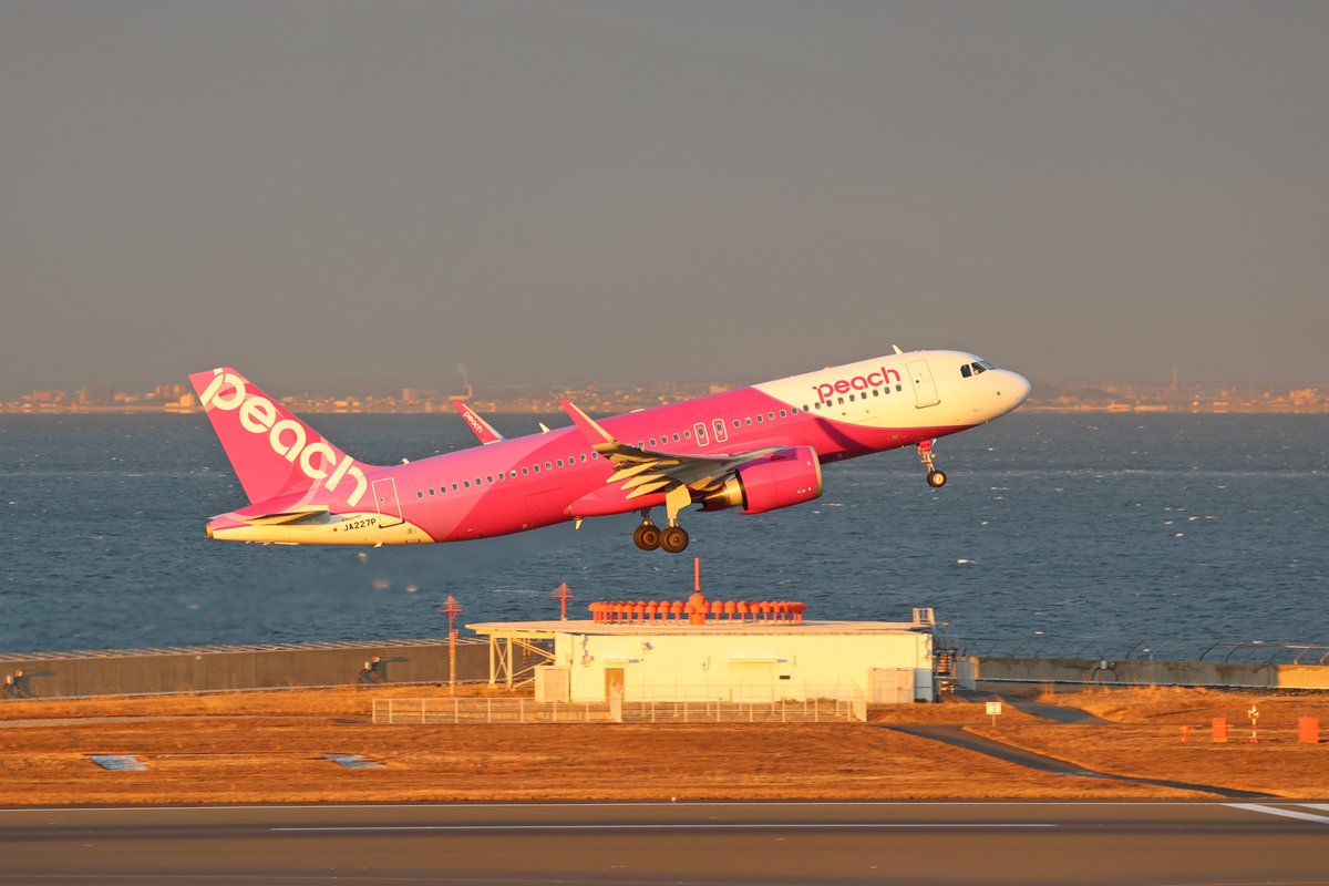 朝の千歳行1,2番コンビのPeachとスカイマークがセントレアを朝日を浴び