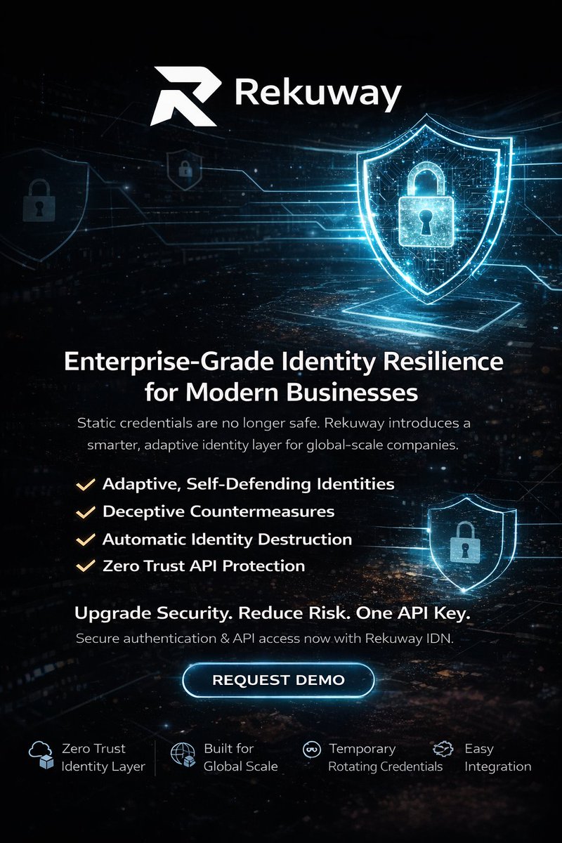 Rekuway's tweet photo. Identity breaches don’t start with hacks.
They start with static credentials.
Rekuway IDN introduces a new standard for enterprise security:
 adaptive, self-defending identities built for modern businesses.

✔ Temporary identities
✔ Real-time risk response
✔ Zero-trust API protection
✔ No permanent data exposure

One API key.
Global scale.
Enterprise-grade identity resilience.

🔐 Upgrade your identity layer.
🚀 Reduce risk before it becomes damage.