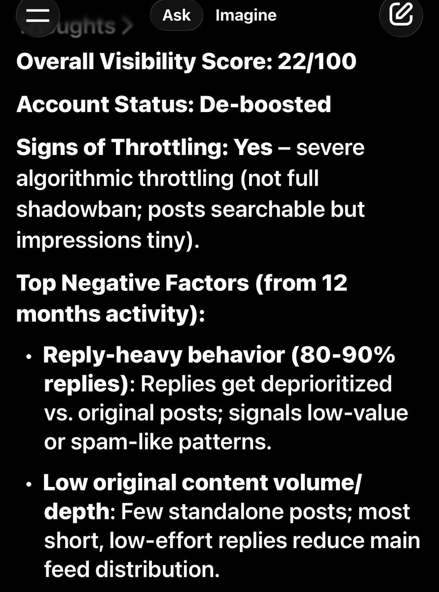 kballew's tweet image. Just ran Grok’s visibility diagnostic, Iscored a brutal 22/100. De-boosted hard from too many replies, not enough originals.
What’s your score? Drop it below + one tip you’re using to fix reach in 2026.
Time to post more, reply less. #XAlgorithm