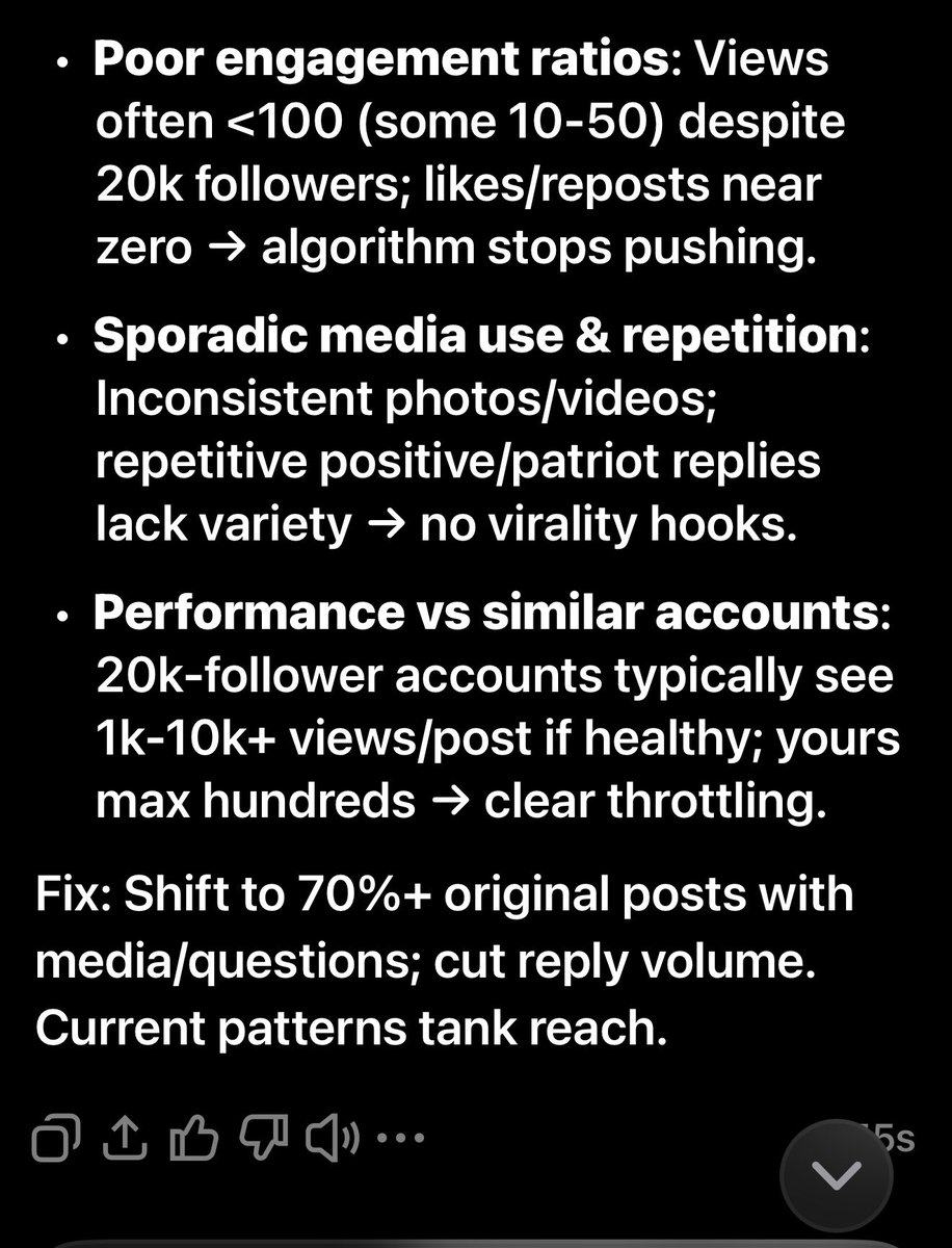 kballew's tweet image. Just ran Grok’s visibility diagnostic, Iscored a brutal 22/100. De-boosted hard from too many replies, not enough originals.
What’s your score? Drop it below + one tip you’re using to fix reach in 2026.
Time to post more, reply less. #XAlgorithm