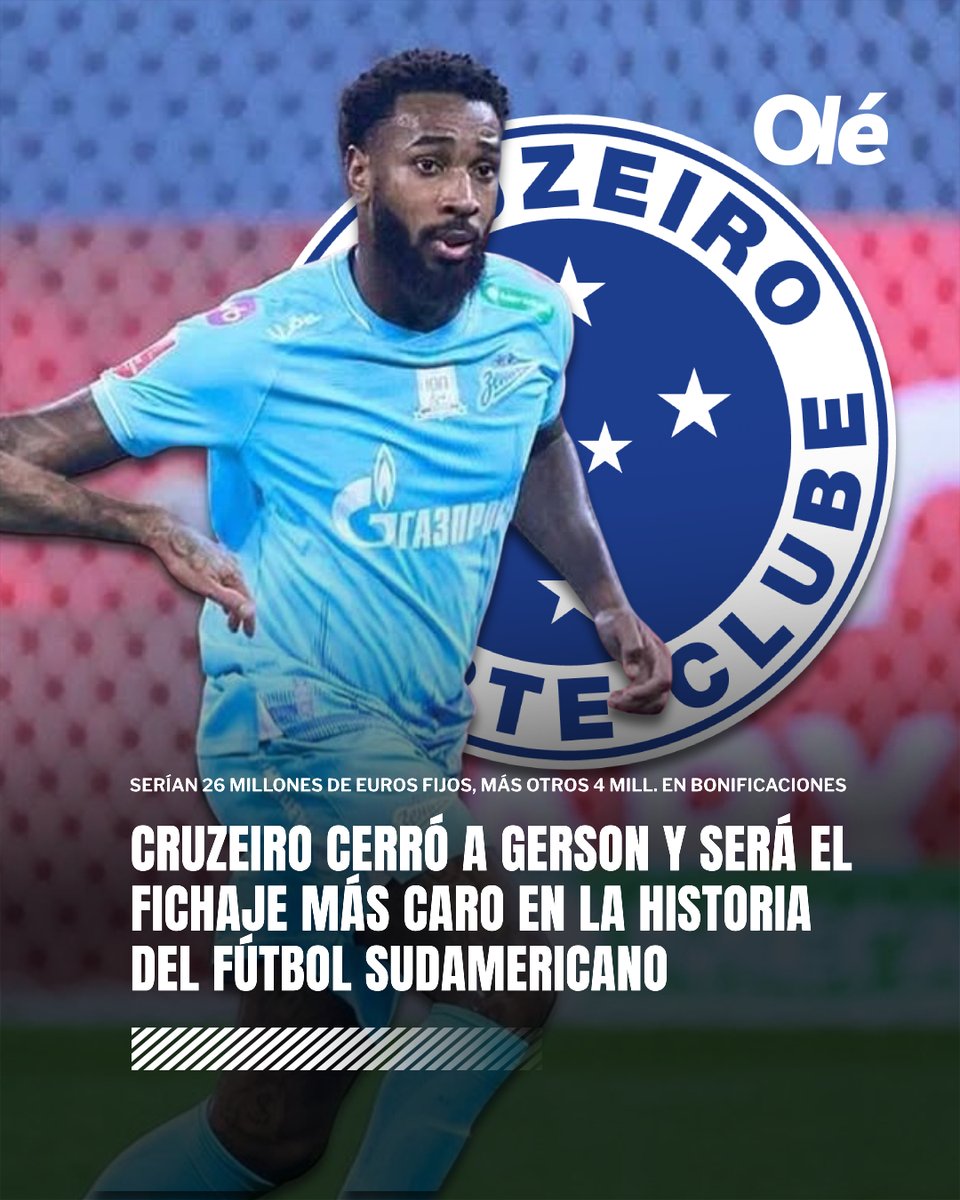 DiarioOle's tweet image. 💣💰🇧🇷 BOMBA: GERSON SERÁ EL FICHAJE MÁS CARO EN LA HISTORIA DEL FÚTBOL SUDAMERICANO

✍️🔜 Con el objetivo de volver con toda a la Copa Libertadores, el Cruzeiro selló al brasileño ex Zenit, Flamengo, Roma, Fiorentina y Marsella

💵❗ 26 MILLONES DE EUROS FIJOS sería el valor del…