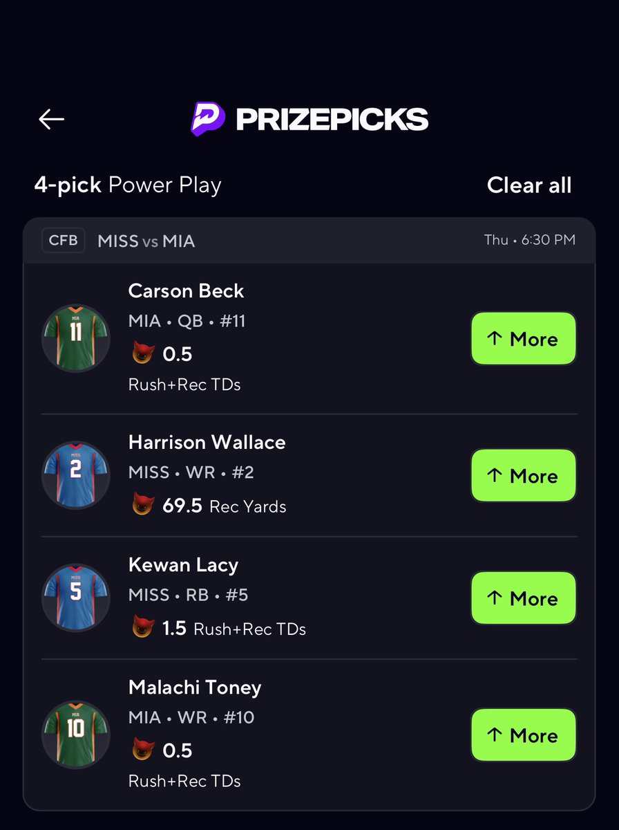 MiggyBetts's tweet image. Miami V Ole Miss Demon 😈 

#CFBPlayoff #GamblingX #SGP
#PrizePicks #GamblingTwitter