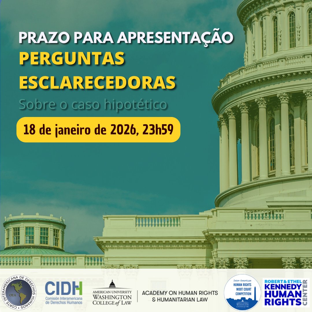 🚨 Atenção, equipes! 🚨
As perguntas de esclarecimento sobre o Caso Hipotético do IAMOOT 2026 devem ser enviadas até 18 de janeiro de 2026, às 23h59 EST⏰
Aproveitem para tirar dúvidas diretamente com os autores do caso 📘✍️
Não percam! ❗
Nos vemos em maio de 2026 🍀#IAMOOT2026