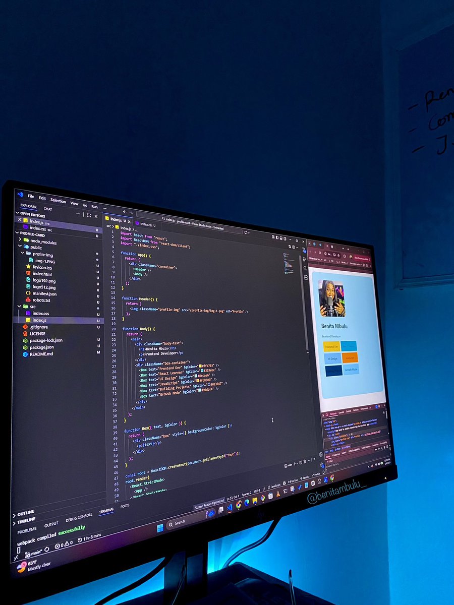 benitambulu_'s tweet image. I’m building a profile card with everything I have learnt so far in React 👩‍💻

#GTCVisibilty #GTCCommunity