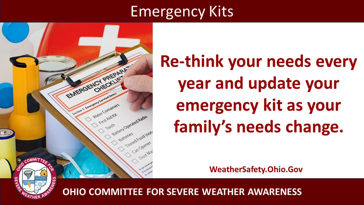 New medications, dietary restrictions, and other factors can change in a year. Reconsider your needs and update your kit accordingly. To learn more, visit: WeatherSafety.Ohio.Gov