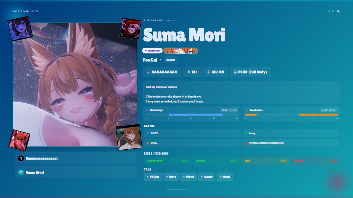 summaaaaaaaaaar's tweet photo. プロフィールカードを作成しました！
#VRChat自己紹介カード 

ignore the japanese part. friendo did this now i did https://t.co/ce2MCHCYT5