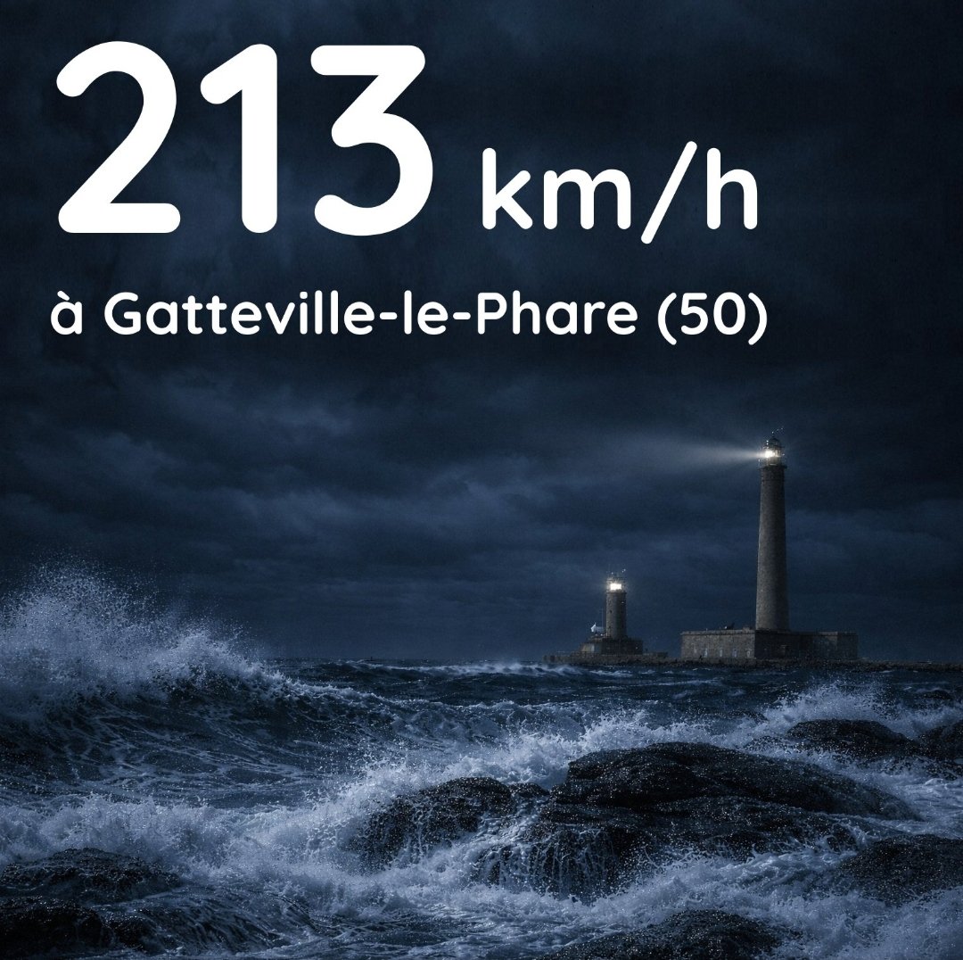 INFODUNORD's tweet photo. 🌬🔴FLASH #goretti | Une rafale de 213 km/h a été mesurée à la station de Gatteville-le-Phare au alentours de 23H ! https://t.co/LUhQSPDBYH
