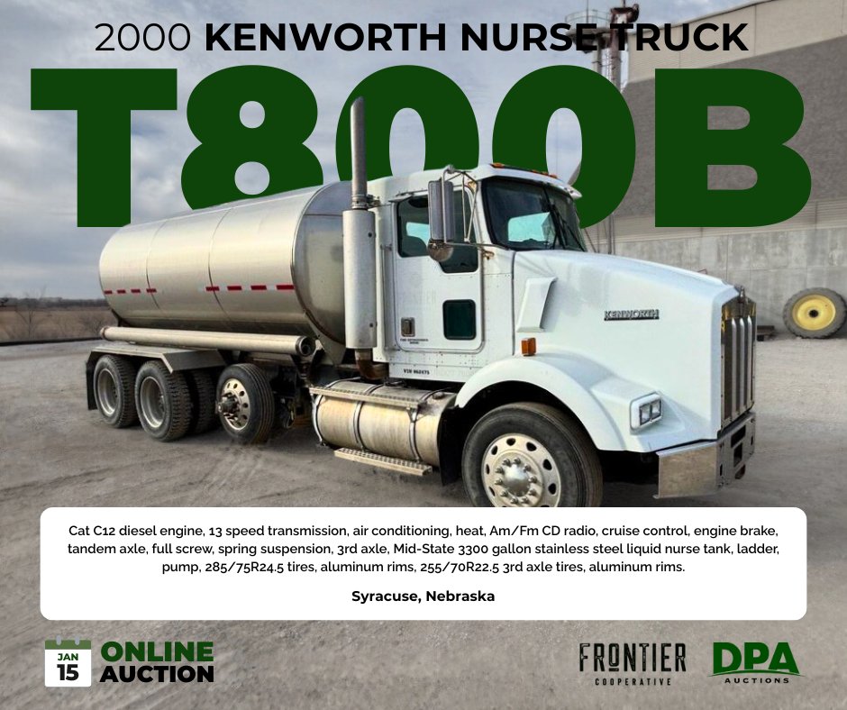 DPAauctions's tweet photo. β Featured Listing | Frontier Cooperative Excess Equipment Online Auction
ποΈ January 15, 2026
π» View LIsting: https://t.co/Dy8RfhOYy2
--
#KenworthT800 #NurseTruck #LiquidApplication #AgTrucking #StainlessTank #FertilizerEquipment #FarmSupportEquipment #TruckBuyers https://t.co/b750tZ717D