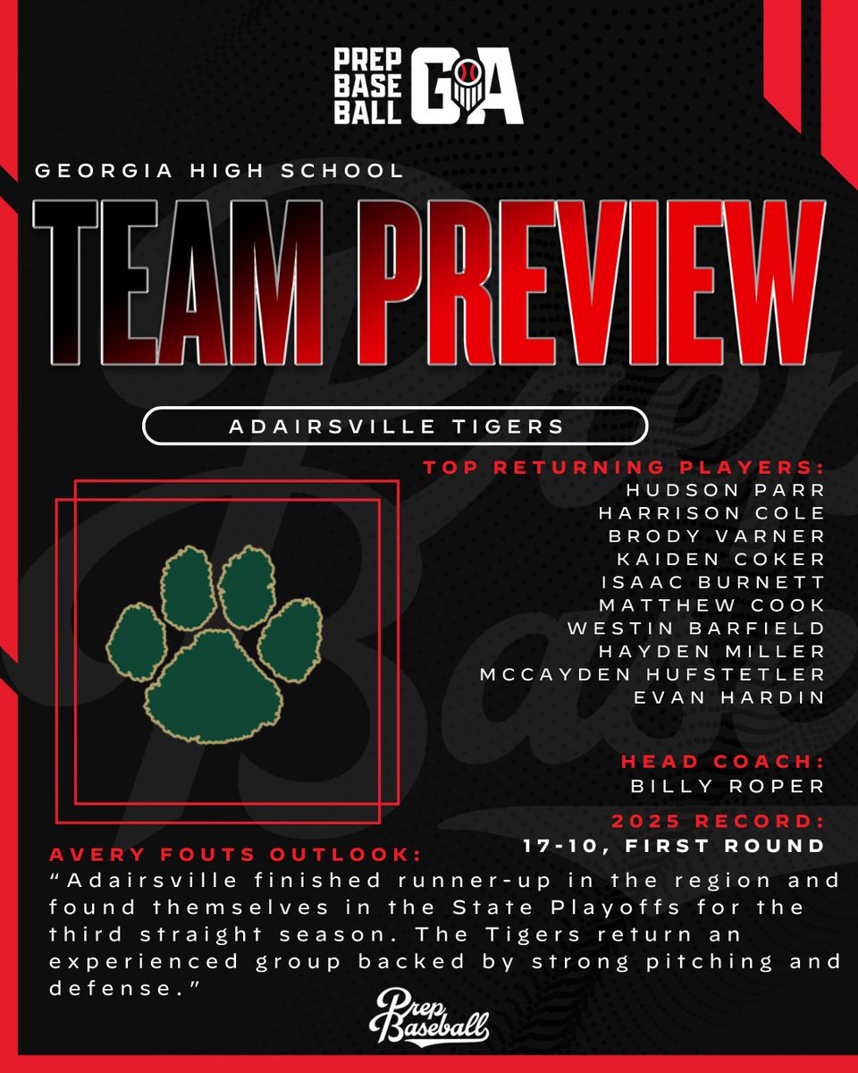 𝟐𝟎𝟐𝟔 𝐇𝐢𝐠𝐡 𝐒𝐜𝐡𝐨𝐨𝐥 𝐓𝐞𝐚𝐦 𝐏𝐫𝐞𝐯𝐢𝐞𝐰 📝
𝑨𝒅𝒂𝒊𝒓𝒔𝒗𝒊𝒍𝒍𝒆 𝑻𝒊𝒈𝒆𝒓𝒔 🐯

+ The <a href="/AdairsvilleB/">Adairsville Baseball</a> return a strong group and look to get back to the playoffs for the 4th straight year in 2026.

𝐅𝐮𝐥𝐥 𝐏𝐫𝐞𝐯𝐢𝐞𝐰 ⤵️
🔗 loom.ly/gtfcuEg