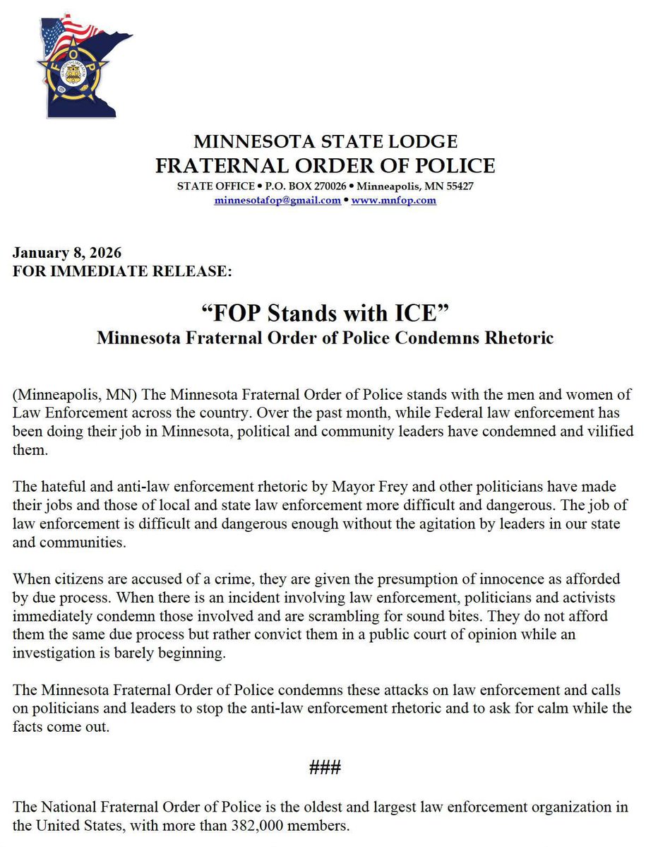 MarcTwinCities's tweet image. MN Fraternal Order of Police put out statement saying that they stand with ICE.